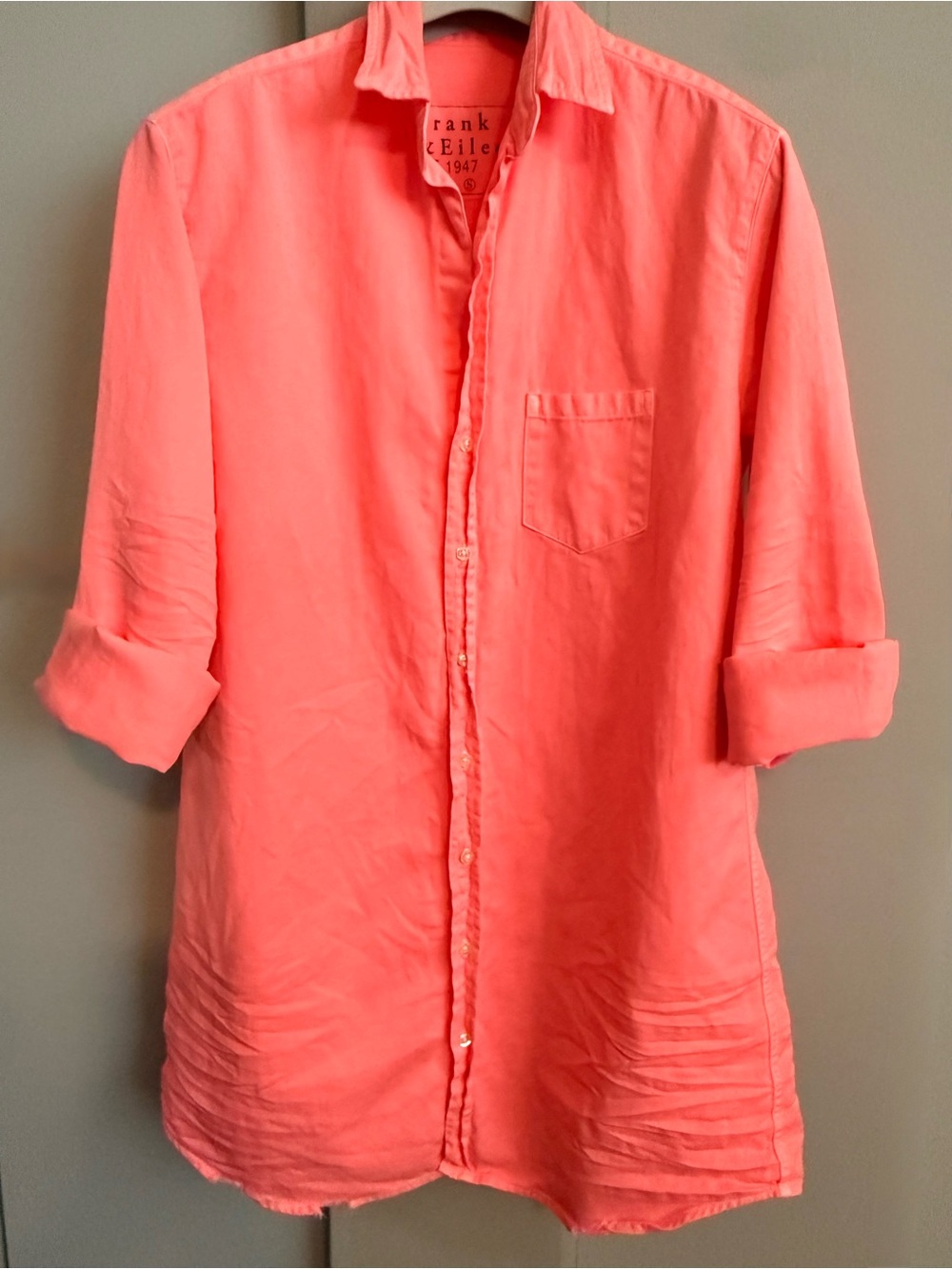 Mary Distressed Denim Shirtdress Neon Coral Frank & Eileen S - Picture 3 of 15